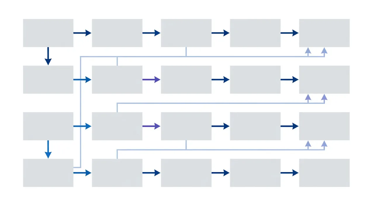 部門やシステムをまたいで情報がどのように移動するかを示すデータフローの概念図