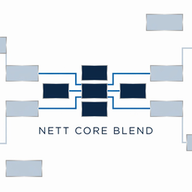NETT CORE BLENDのロゴ:分散した要素が中核構造へと収束する意匠